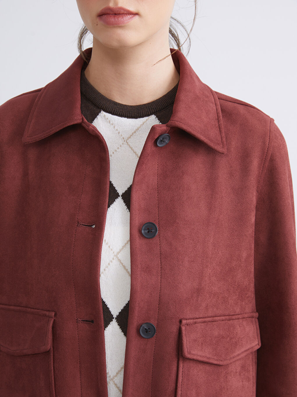 Collared Neck Women's Faux Suede Jacket-3