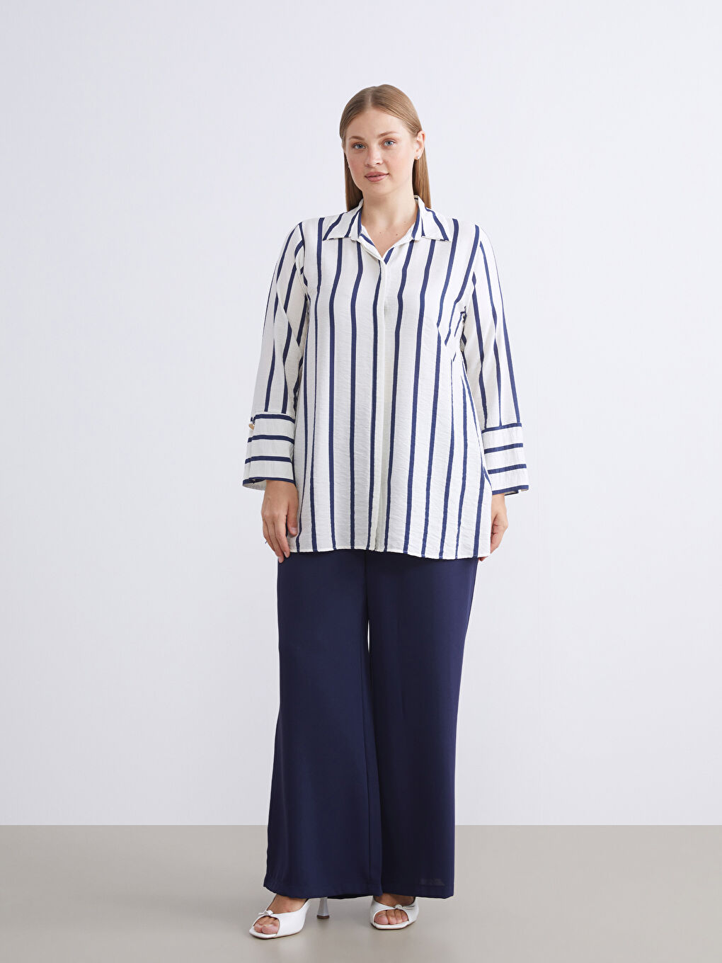 Lacivert Çizgili Kadın Gömlek Tunik-1