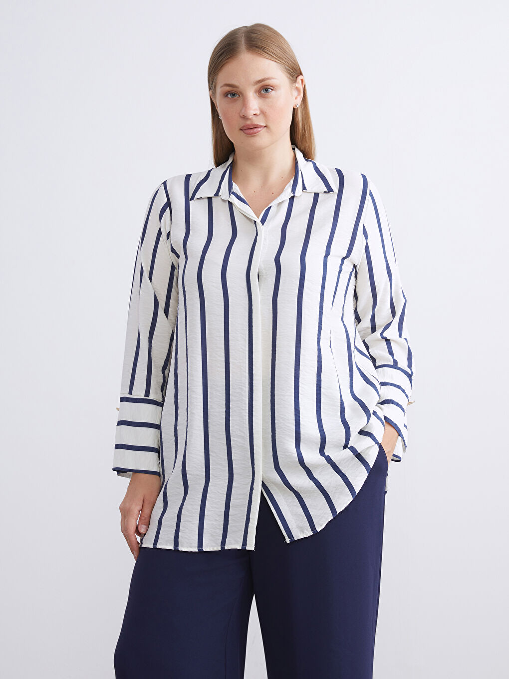 Lacivert Çizgili Kadın Gömlek Tunik-5