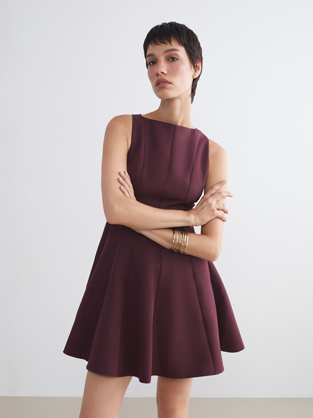 Bordo Bisiklet Yaka Peplum Mini Elbise-1
