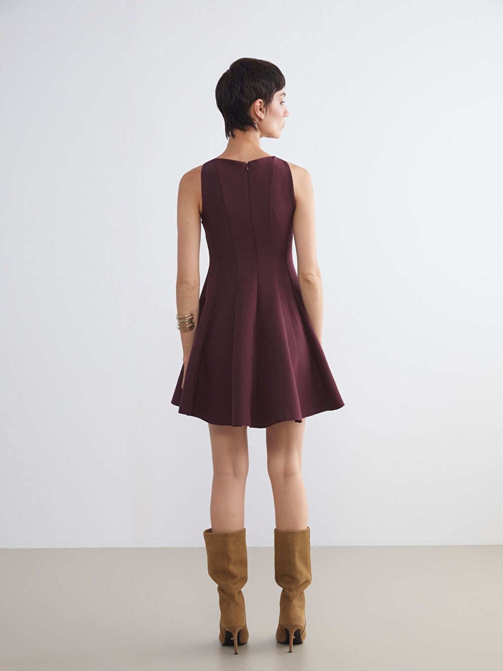 Bordo Bisiklet Yaka Peplum Mini Elbise-3
