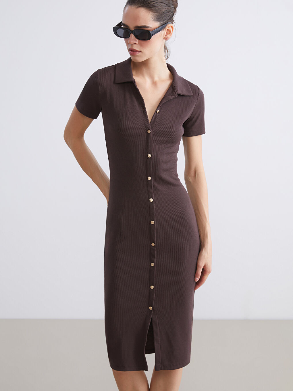 Kahverengi Polo Yaka Fitilli Elbise-1