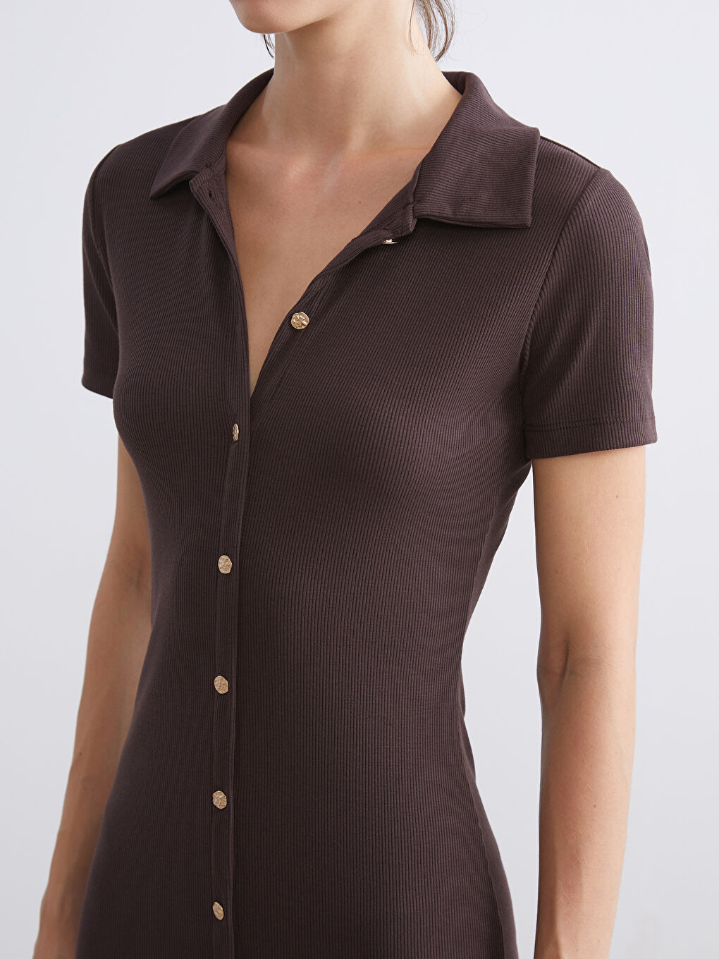 Kahverengi Polo Yaka Fitilli Elbise-2