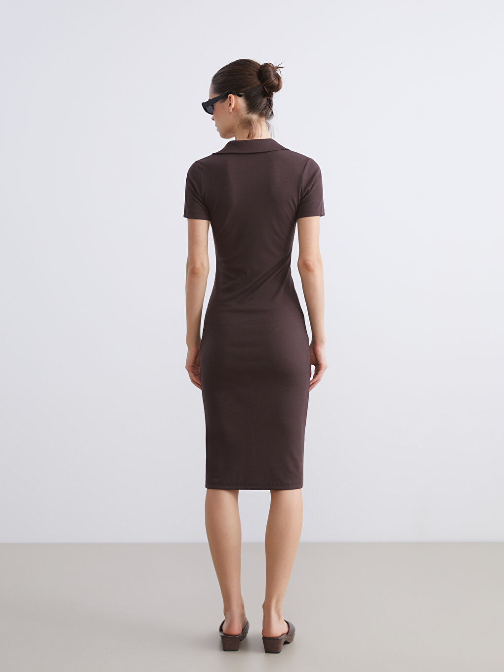 Kahverengi Polo Yaka Fitilli Elbise-3