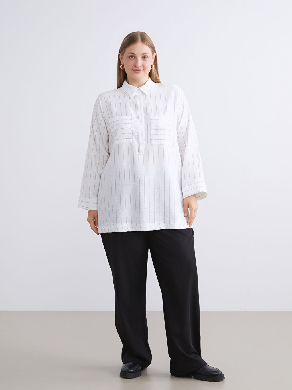 Ekru Çizgili Kadın Gömlek Tunik-8