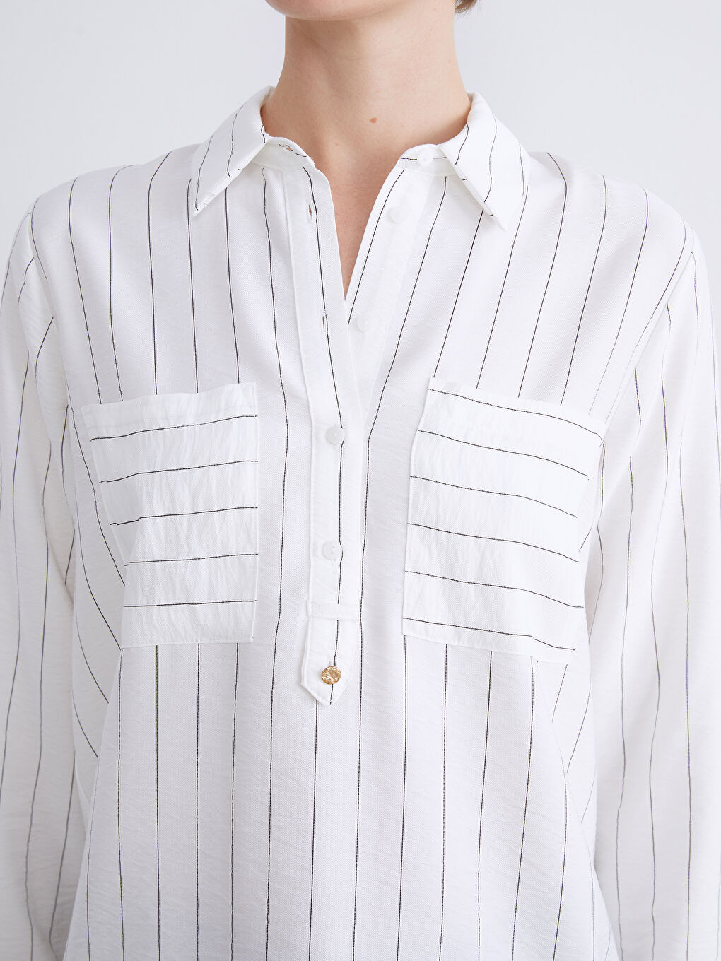 Ekru Çizgili Kadın Gömlek Tunik-6