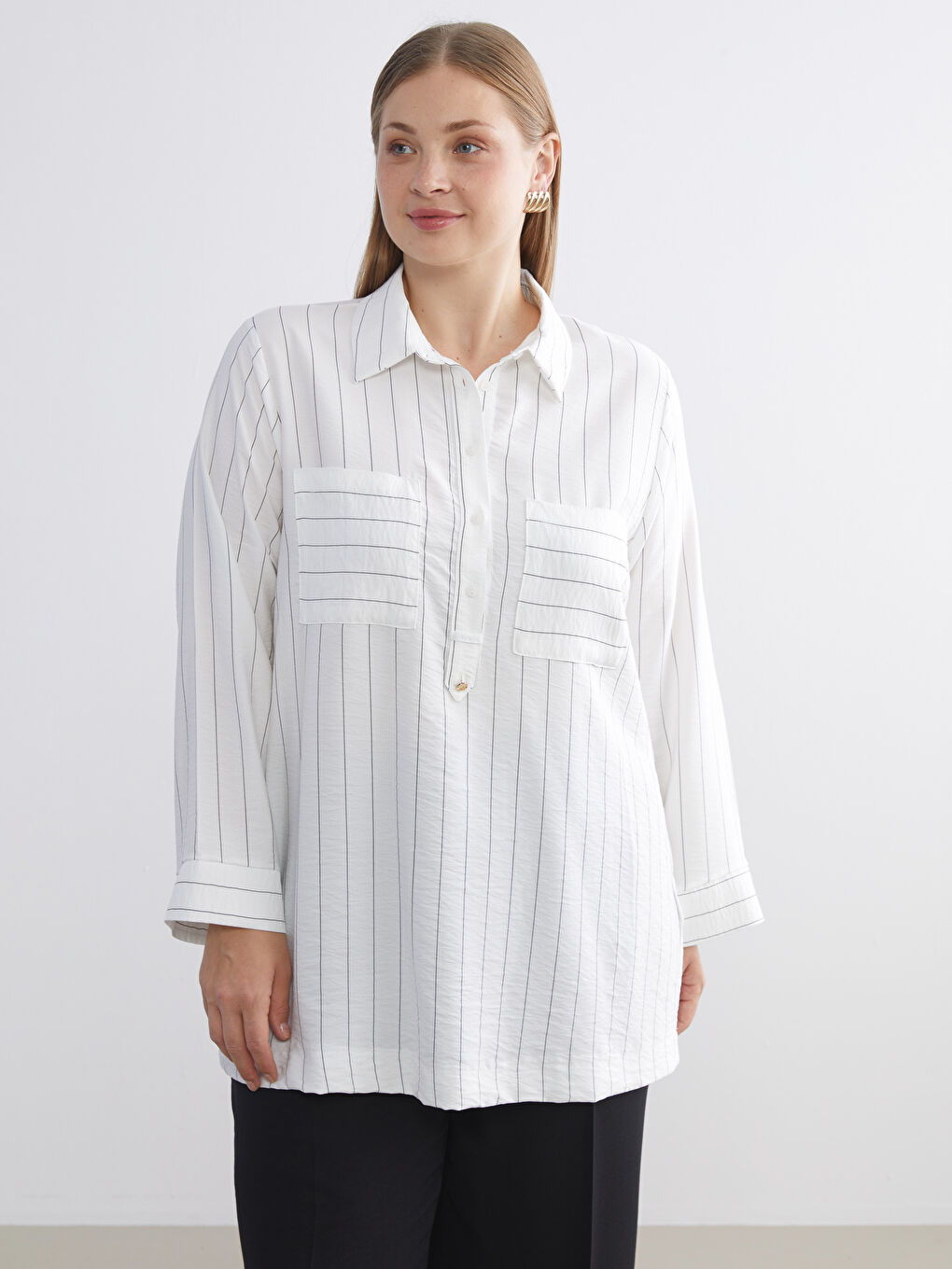 Ekru Çizgili Kadın Gömlek Tunik-1
