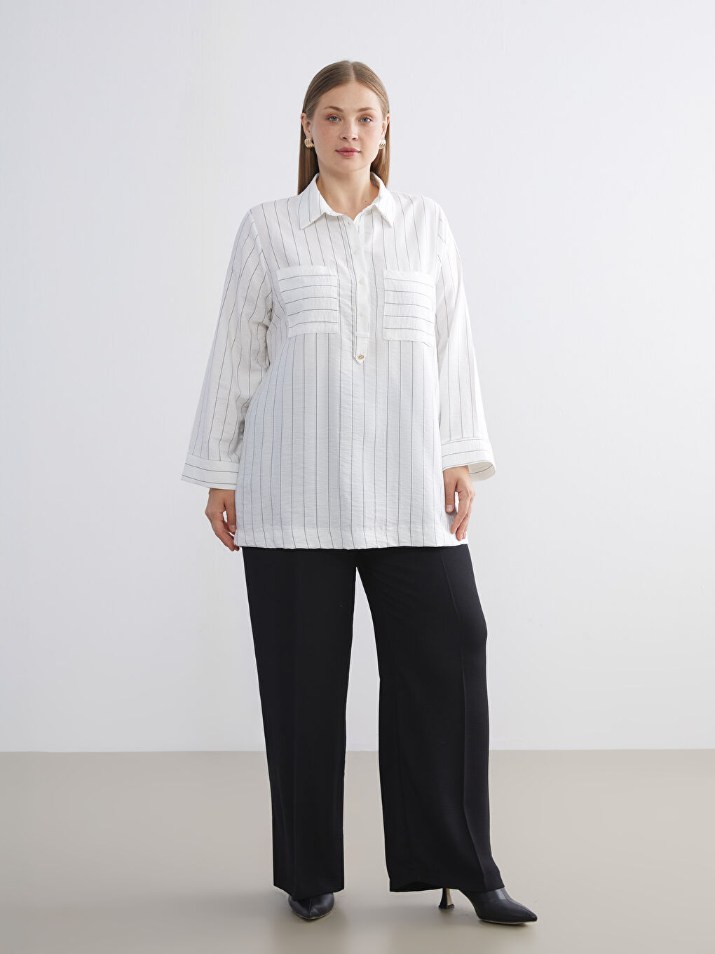 Ekru Çizgili Kadın Gömlek Tunik-4