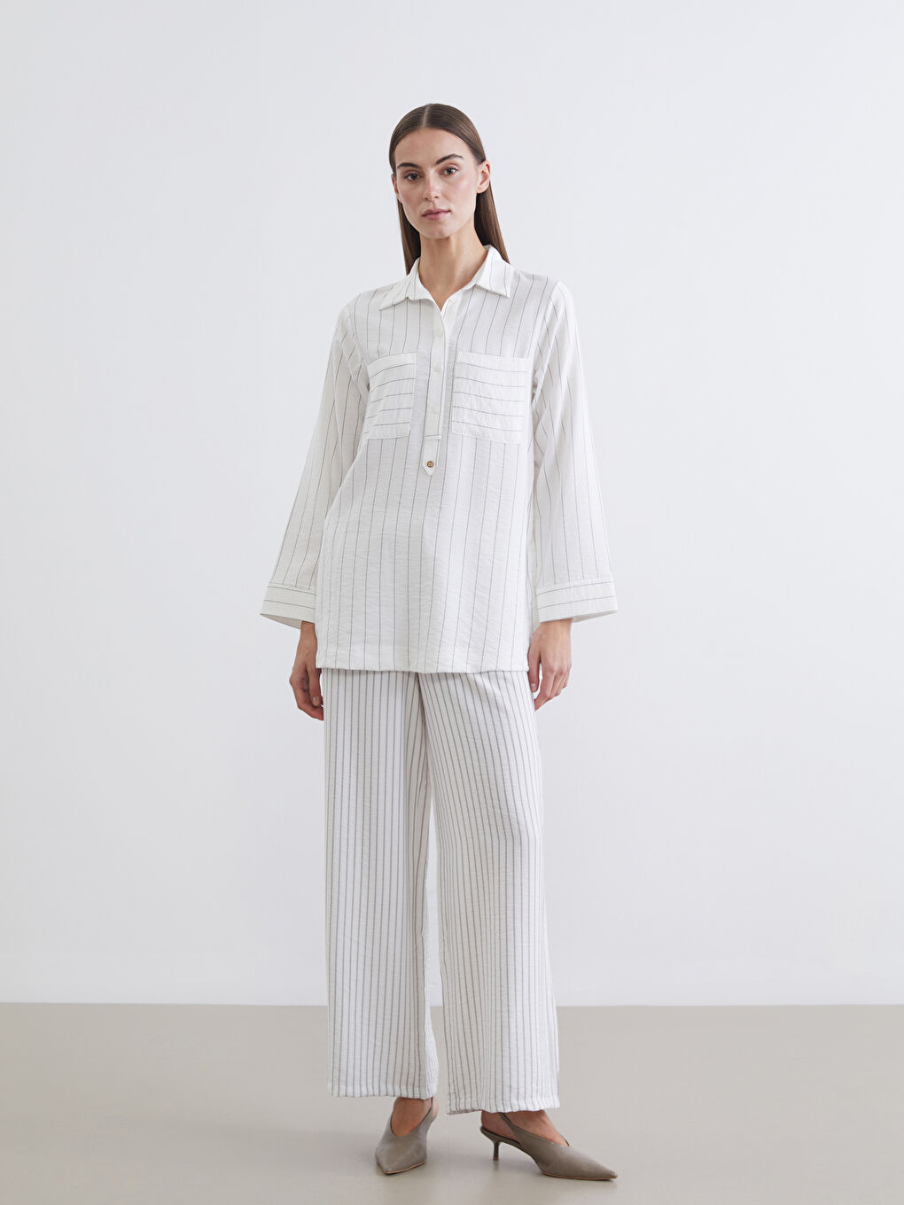 Ekru Çizgili Kadın Gömlek Tunik-3