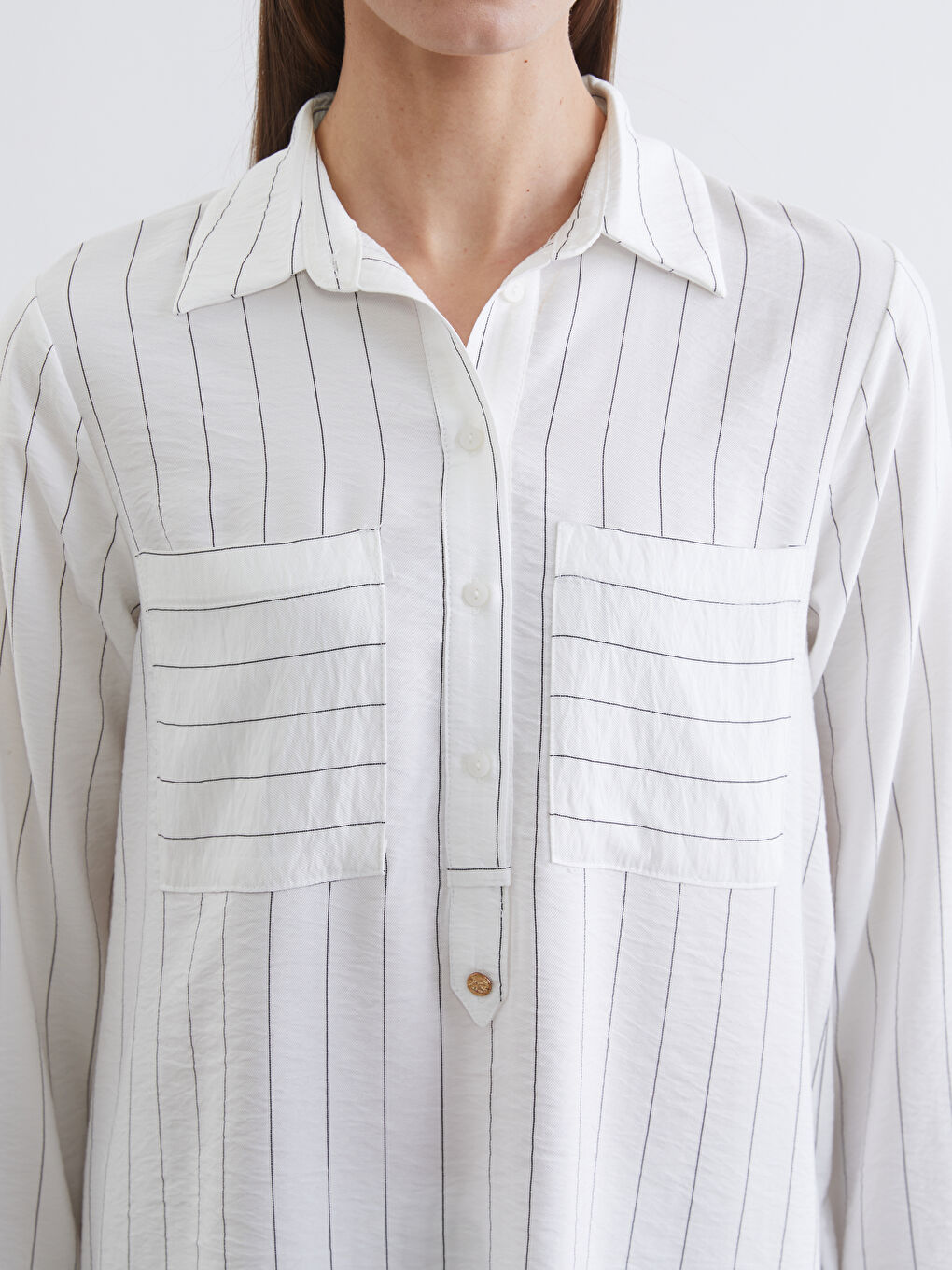 Ekru Çizgili Kadın Gömlek Tunik-5