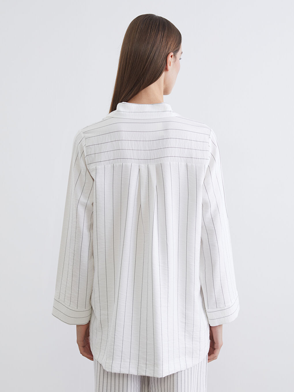 Ekru Çizgili Kadın Gömlek Tunik-7