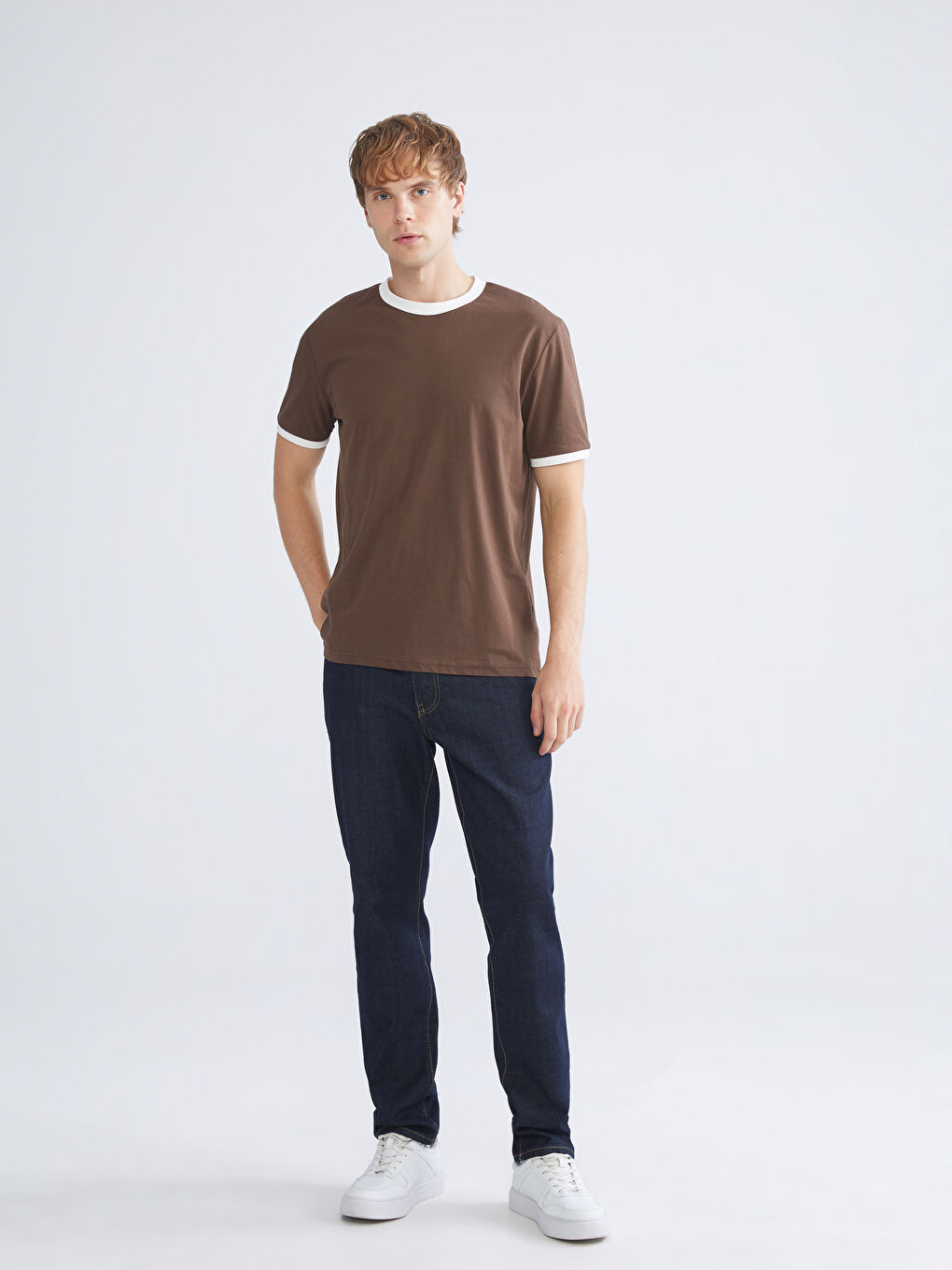 Kahverengi Bisiklet Yaka Penye Erkek Tişört-1