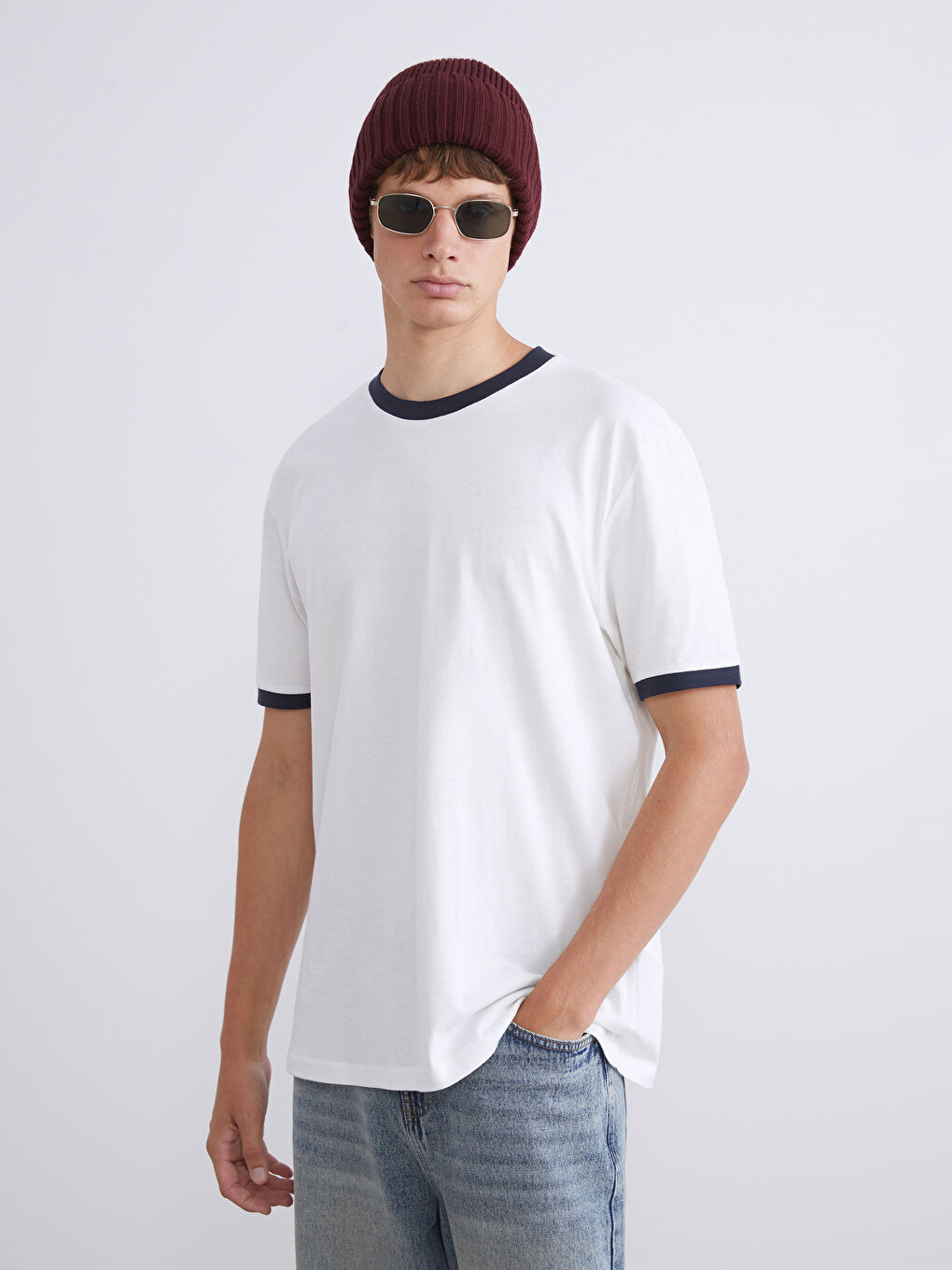 Ekru Bisiklet Yaka Penye Erkek Tişört