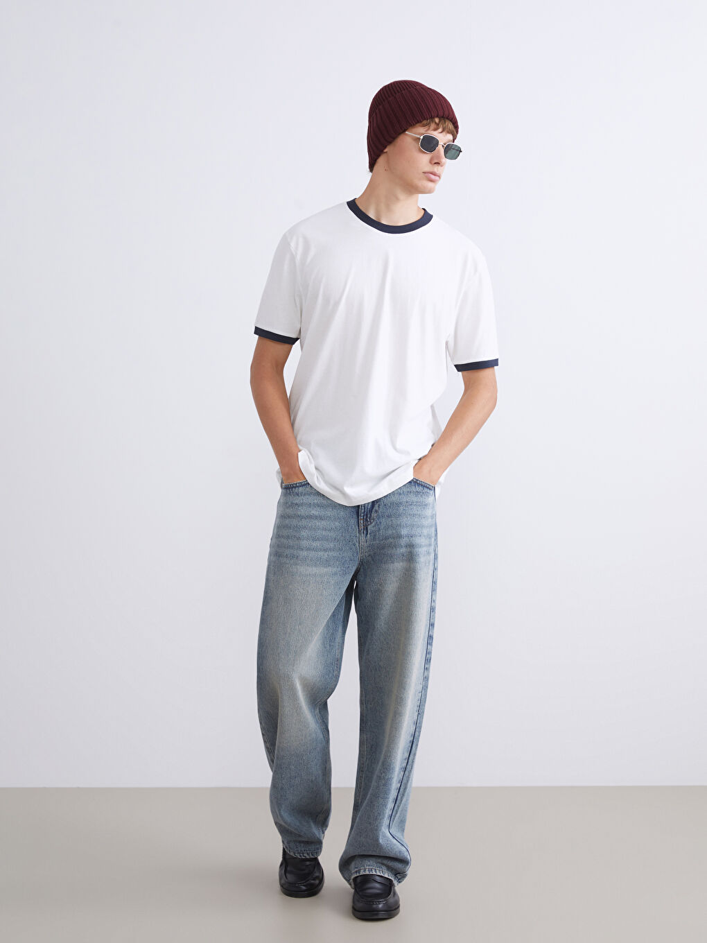 Ekru Bisiklet Yaka Penye Erkek Tişört-1