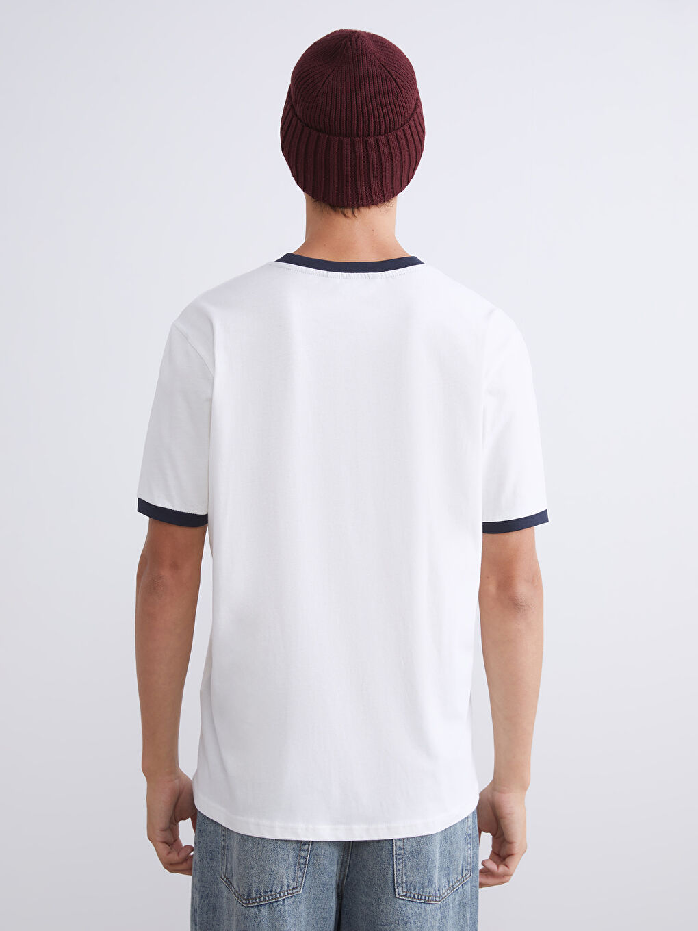 Ekru Bisiklet Yaka Penye Erkek Tişört-3