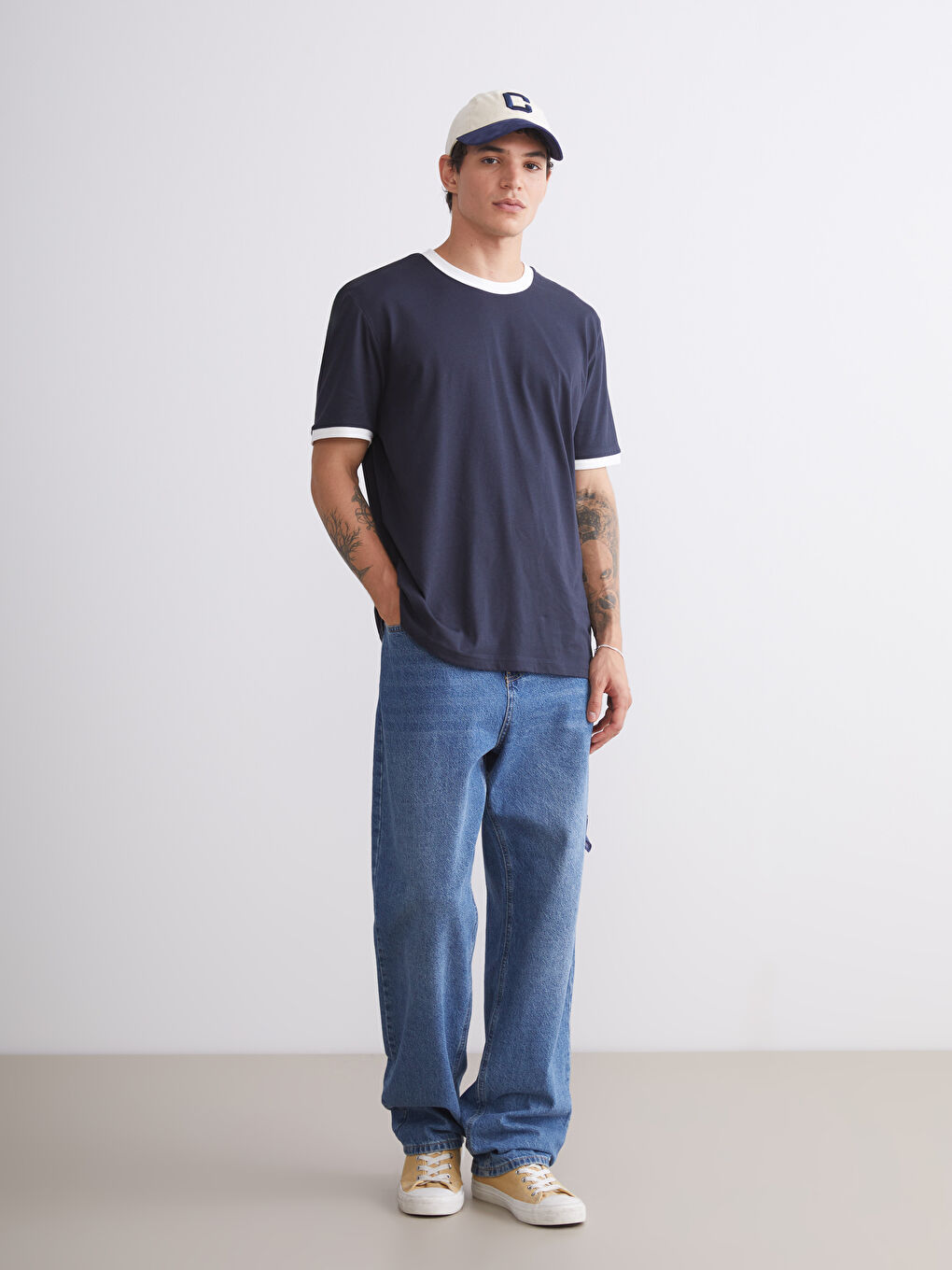 Lacivert Bisiklet Yaka Penye Erkek Tişört-1