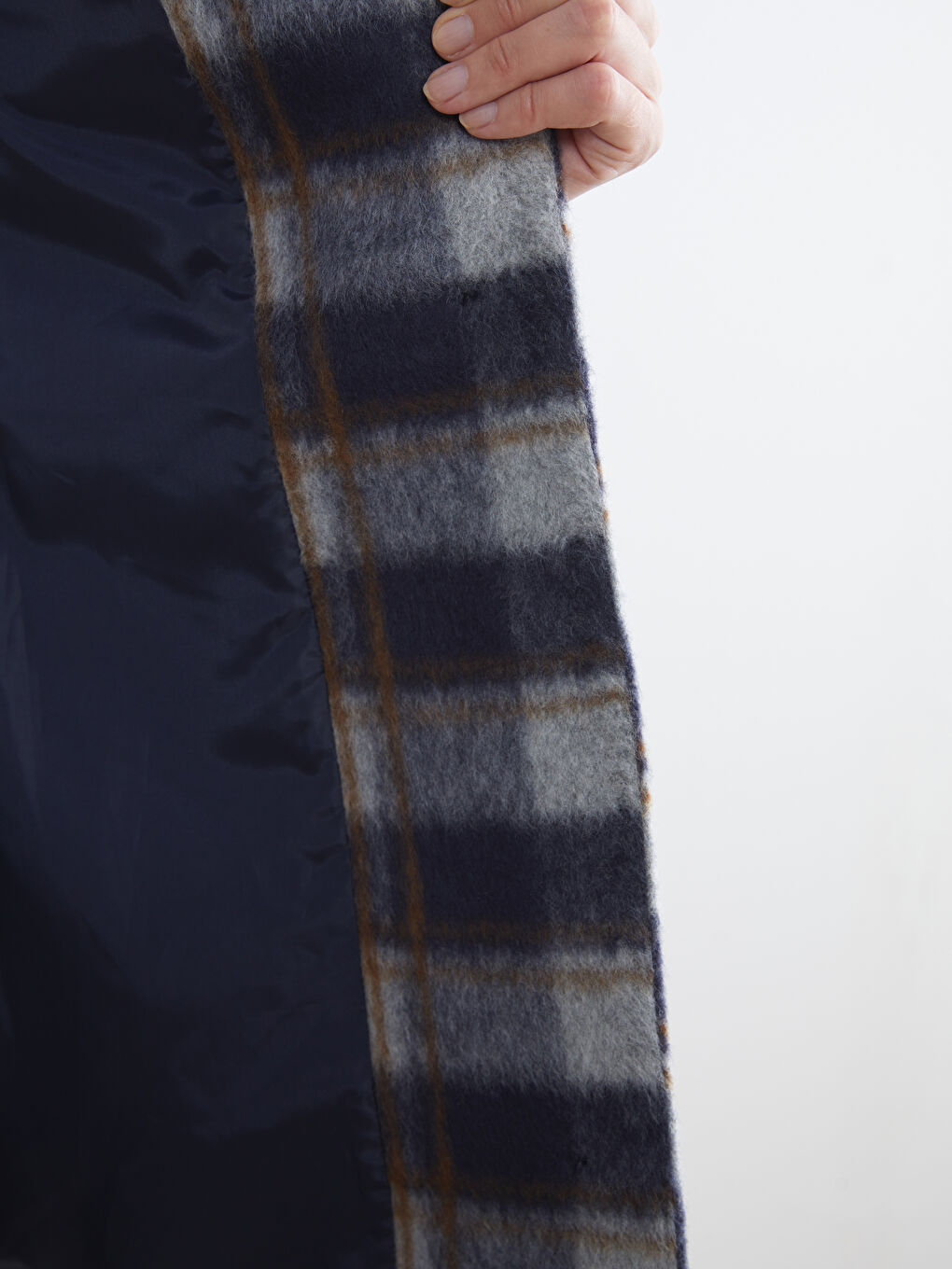 Lacivert Dik Yaka Ekose Kadın Kaşe Gömlek Ceket-2