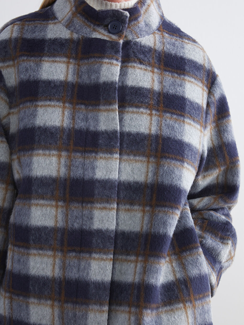 Lacivert Dik Yaka Ekose Kadın Kaşe Gömlek Ceket-3