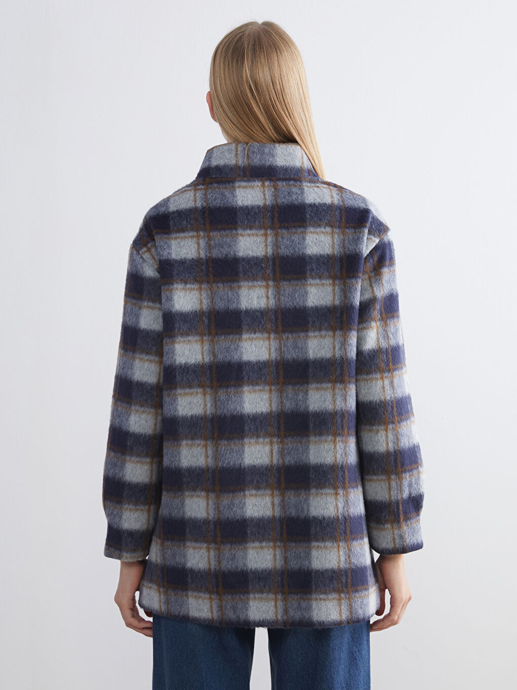 Lacivert Dik Yaka Ekose Kadın Kaşe Gömlek Ceket-4