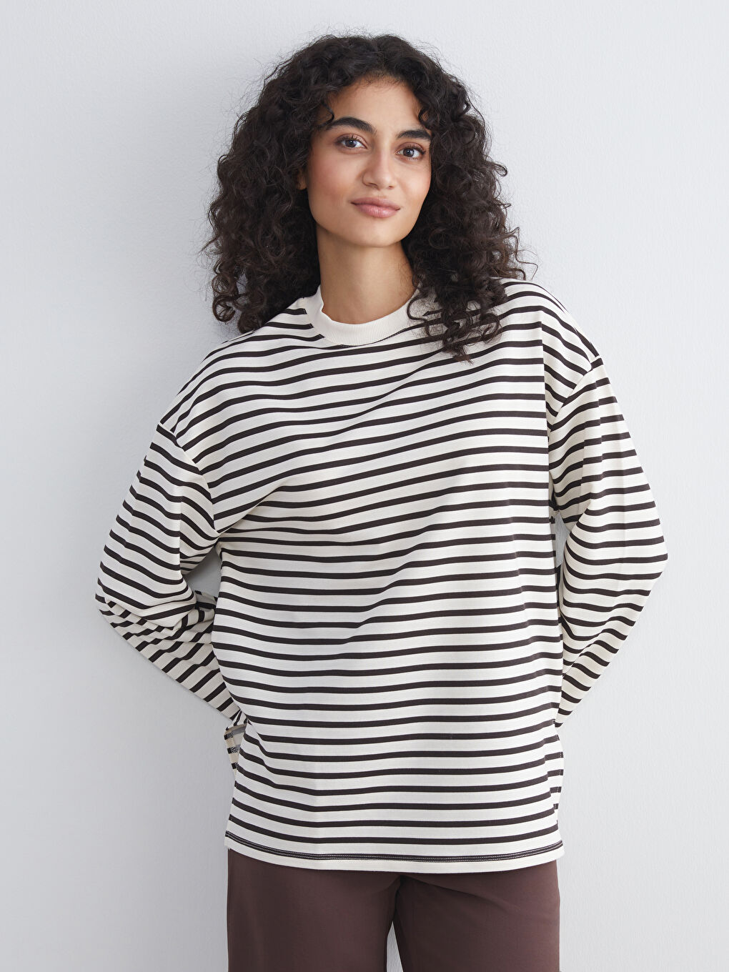 LCW Modest Crew Neck Striped Women's Sweatshirt Tunic -W5IO19Z8-LEX
