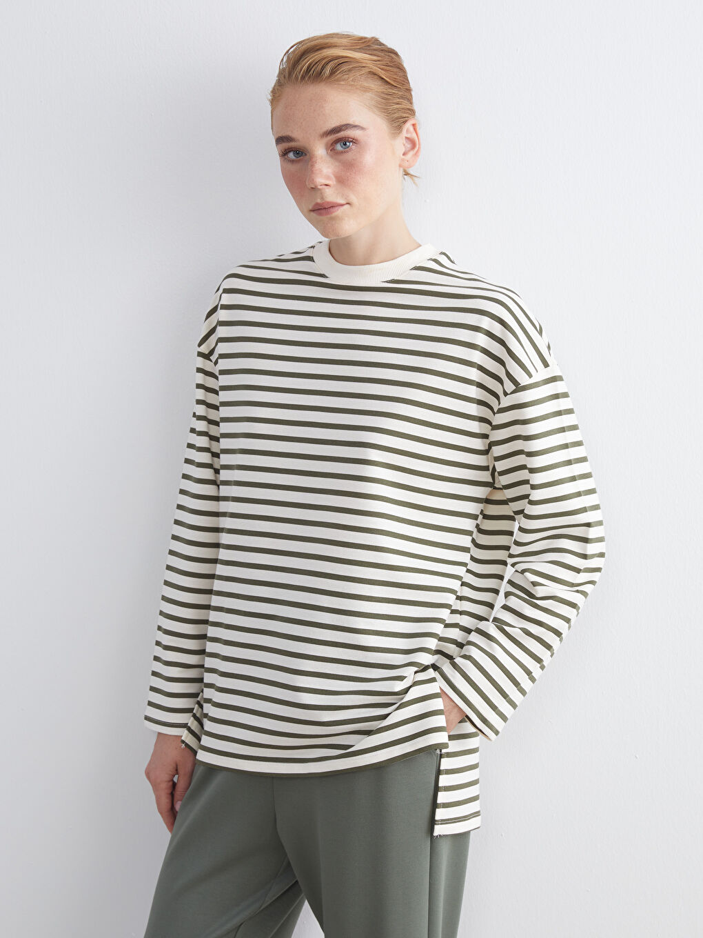 LCW Modest Crew Neck Striped Women's Sweatshirt Tunic -W5IO19Z8-LGE