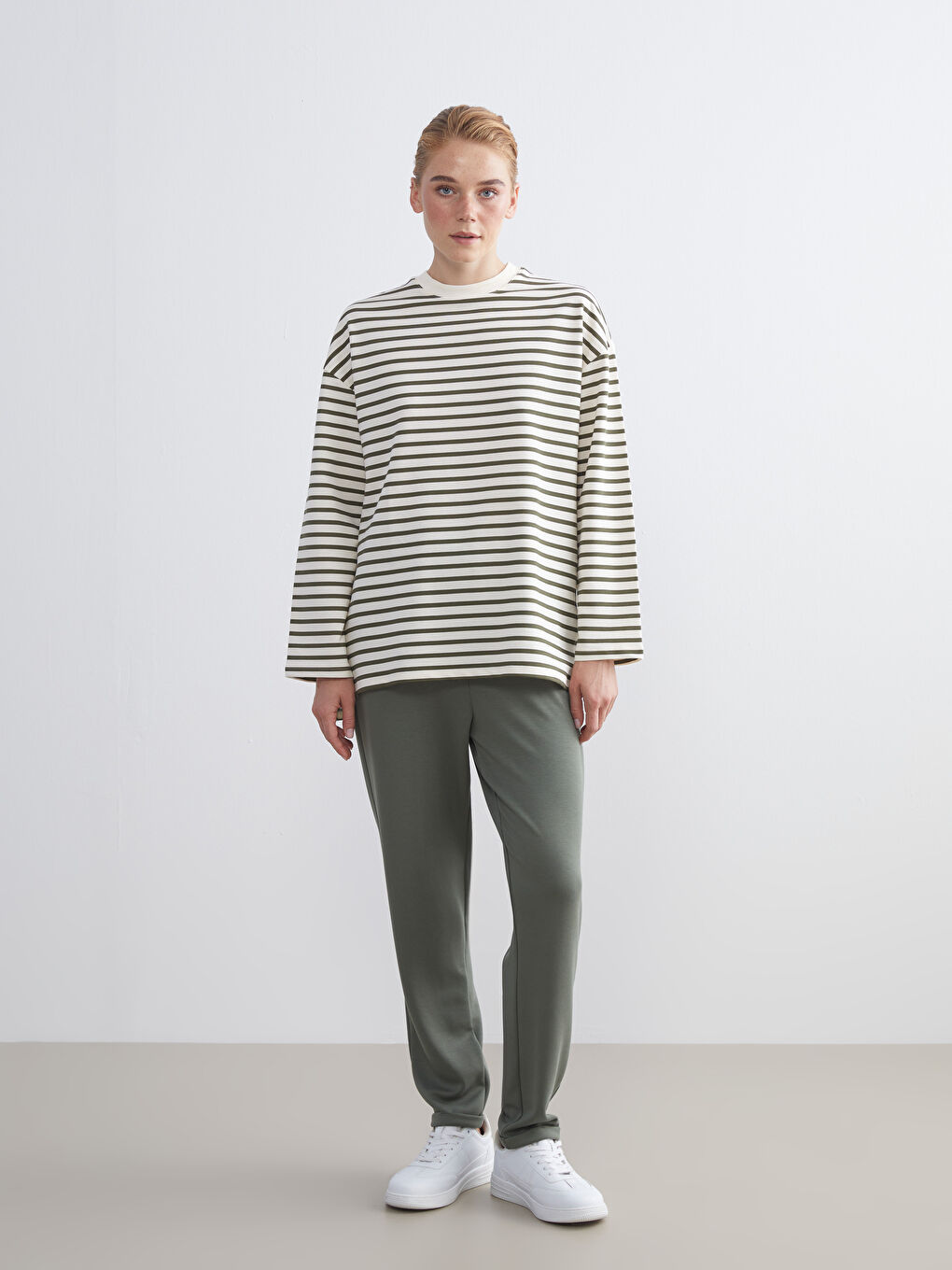 LCW Modest Crew Neck Striped Women's Sweatshirt Tunic -W5IO19Z8-LGE