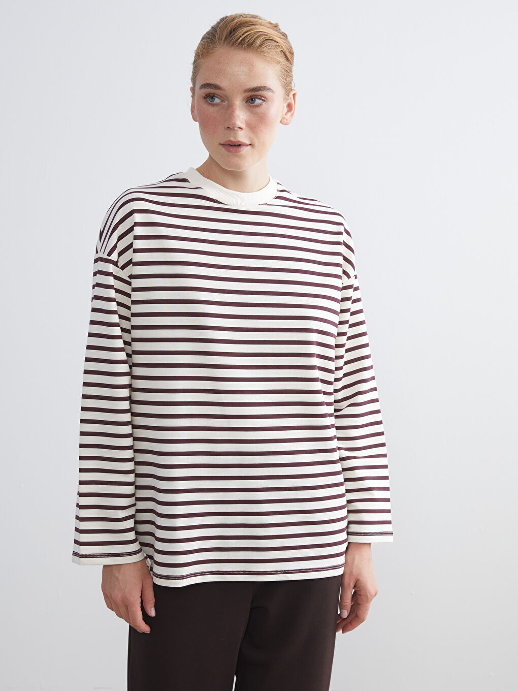 LCW Modest Crew Neck Striped Women's Sweatshirt Tunic -W5IO19Z8-LHW
