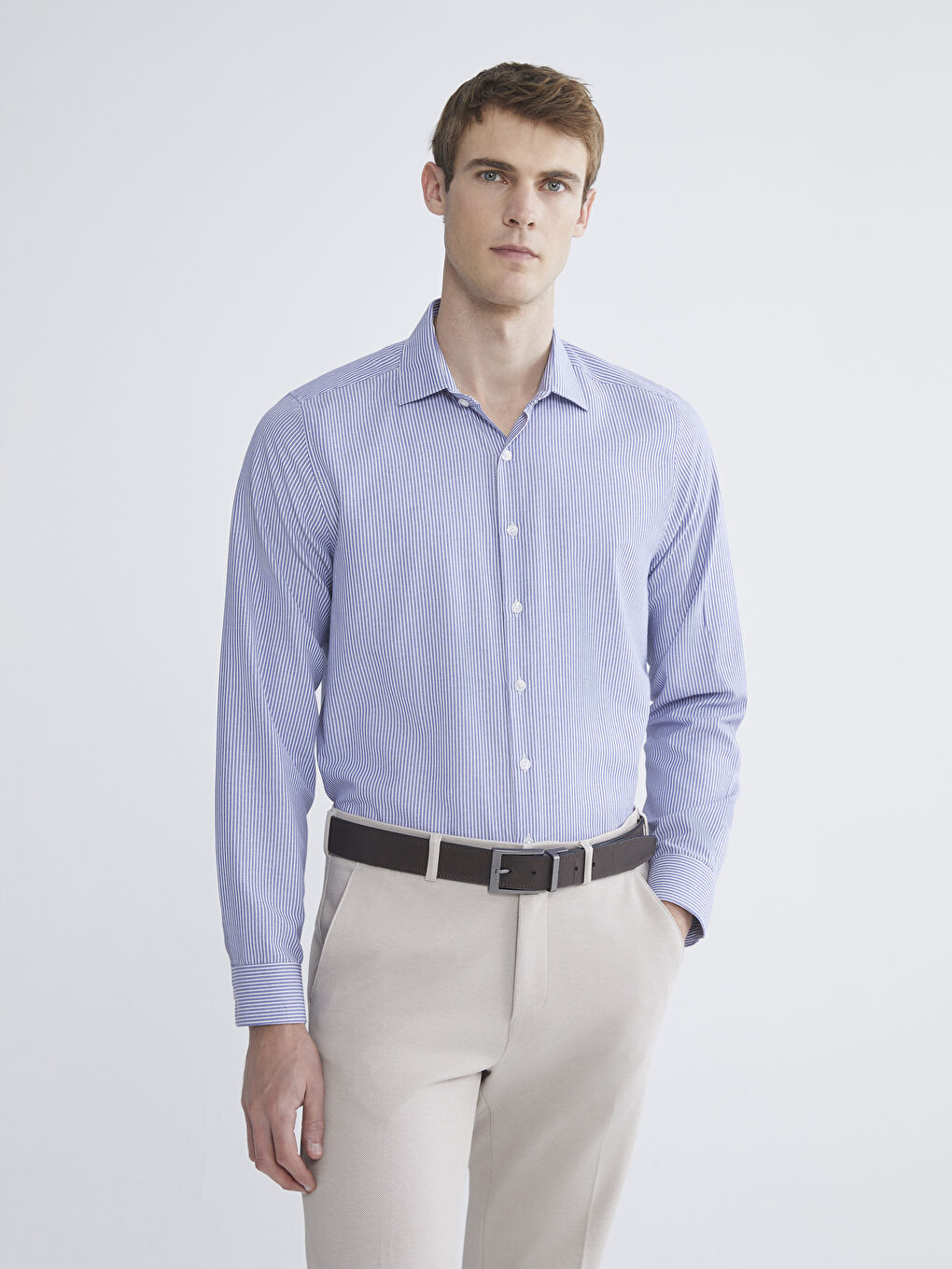 Lacivert Slim Fit Uzun Kollu Çizgili Erkek Gömlek