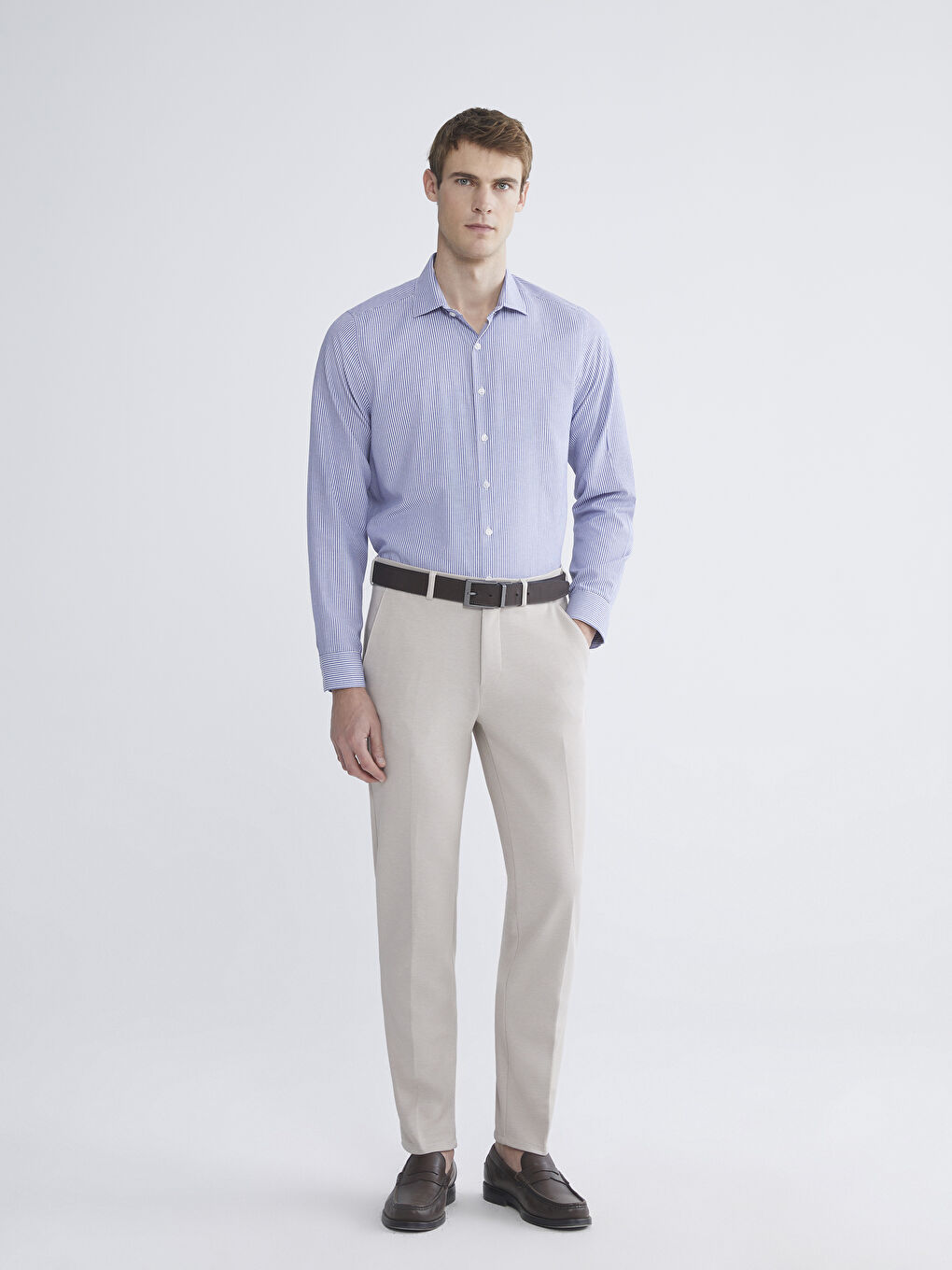 Lacivert Slim Fit Uzun Kollu Çizgili Erkek Gömlek-1