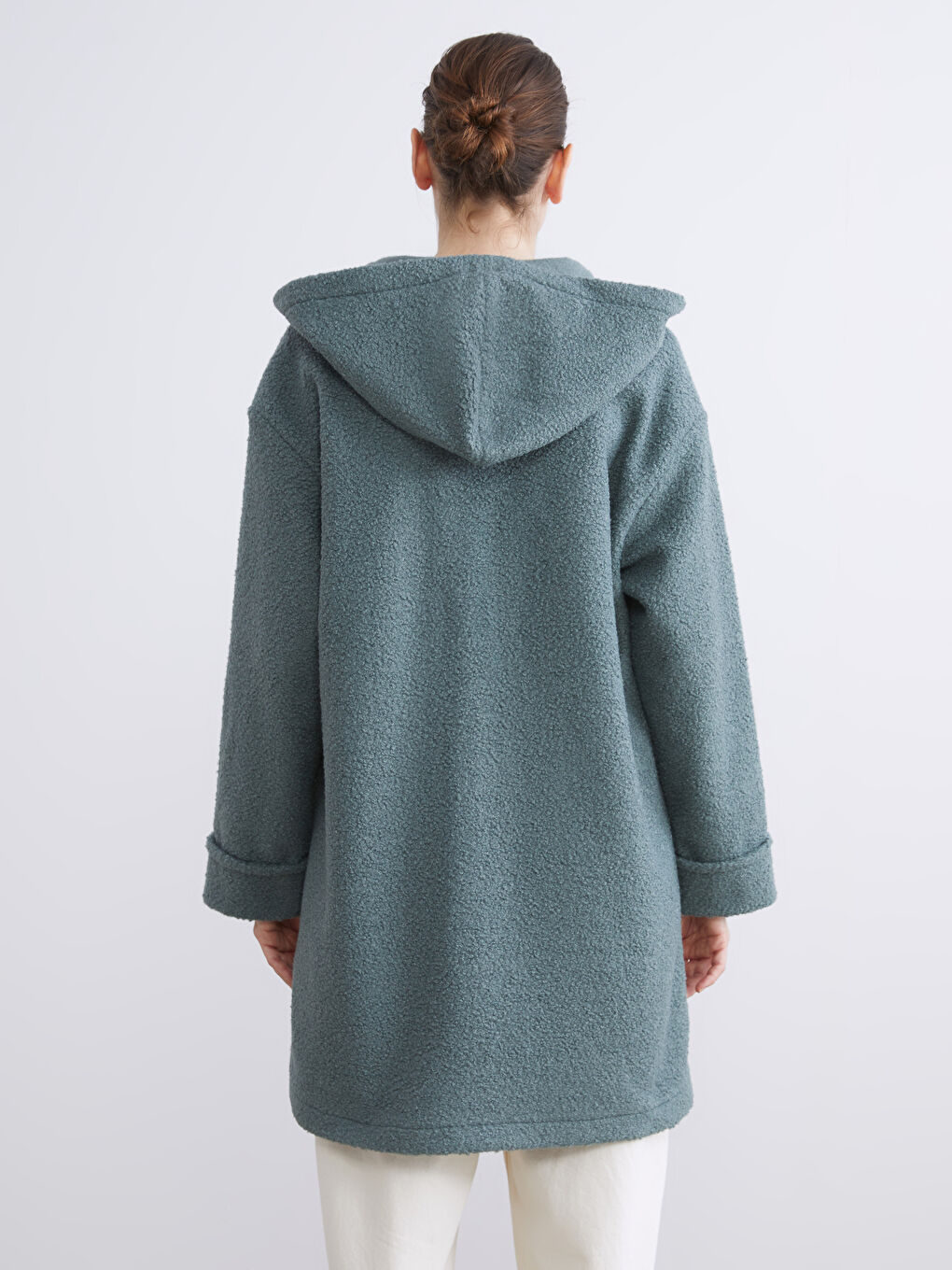 Yeşil Kapüşonlu Kadın Pelüş Hırka-4