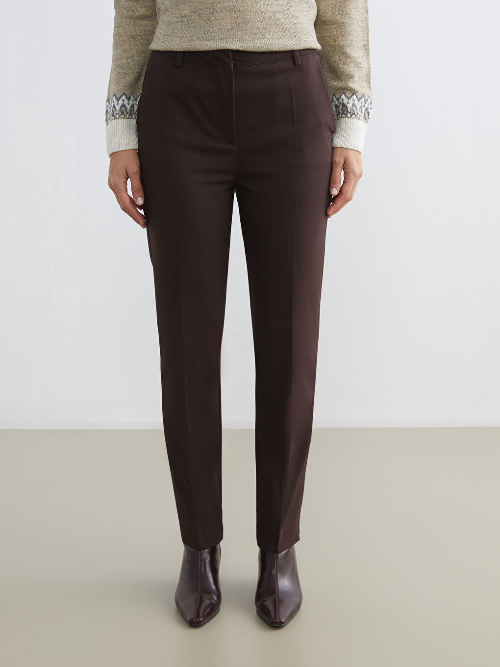 Kahverengi Yüksek Bel Kadın Cigarette Pantolon-1