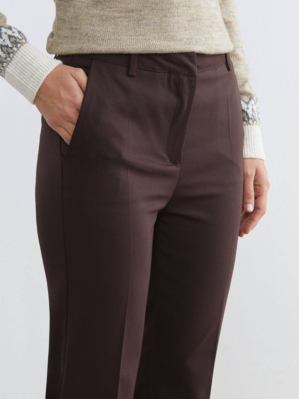 Kahverengi Yüksek Bel Kadın Cigarette Pantolon-2