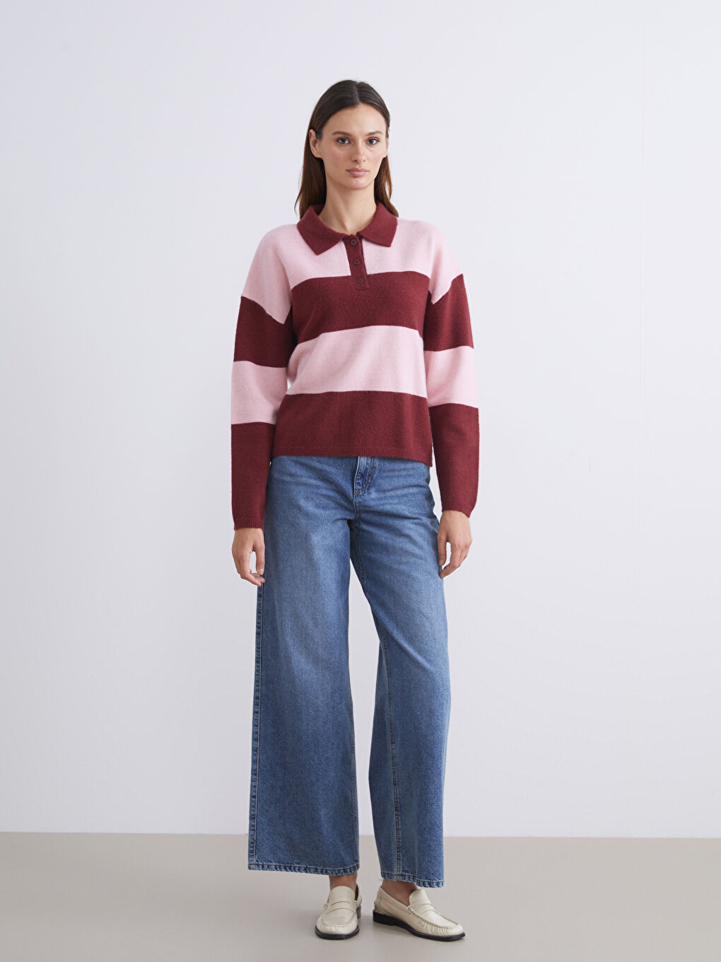 Polo Neck Striped Women's Knitwear Sweater-1