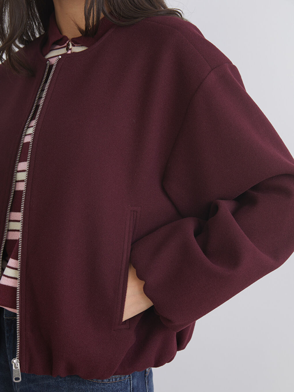 Bordo Bisiklet Yaka Kadın Kaşe Ceket-2