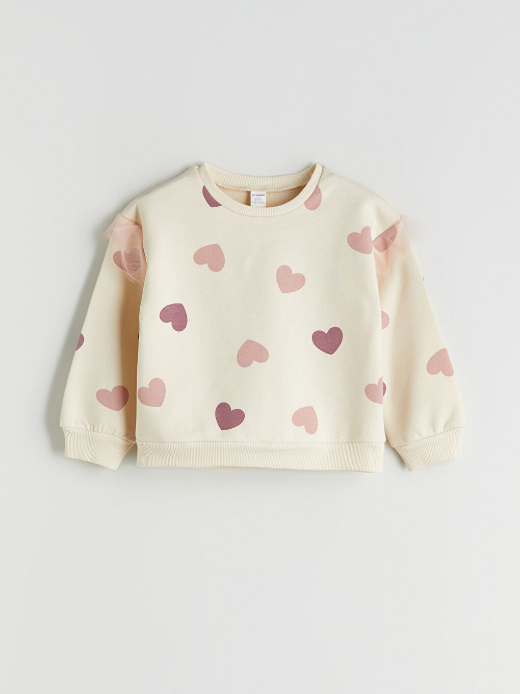 Ekru Fırfırlı Kalp Desenli Kız Çocuk Sweatshirt