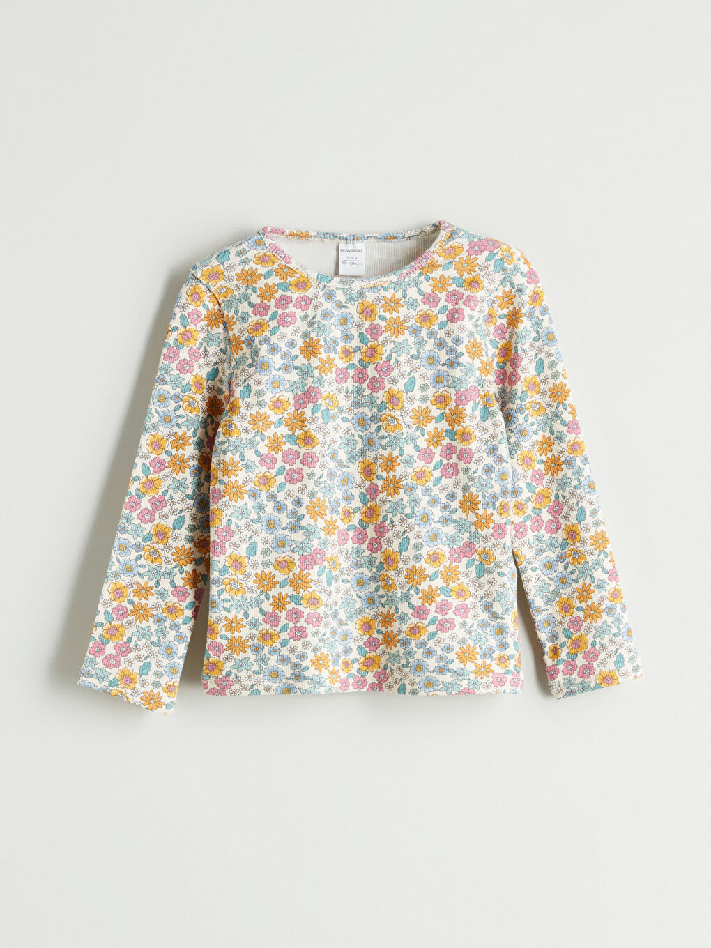 Ekru Bisiklet Yaka Çiçekli Kız Çocuk Tişört