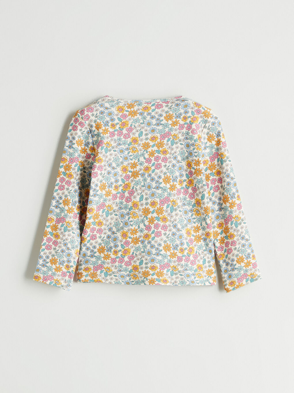 Ekru Bisiklet Yaka Çiçekli Kız Çocuk Tişört-2