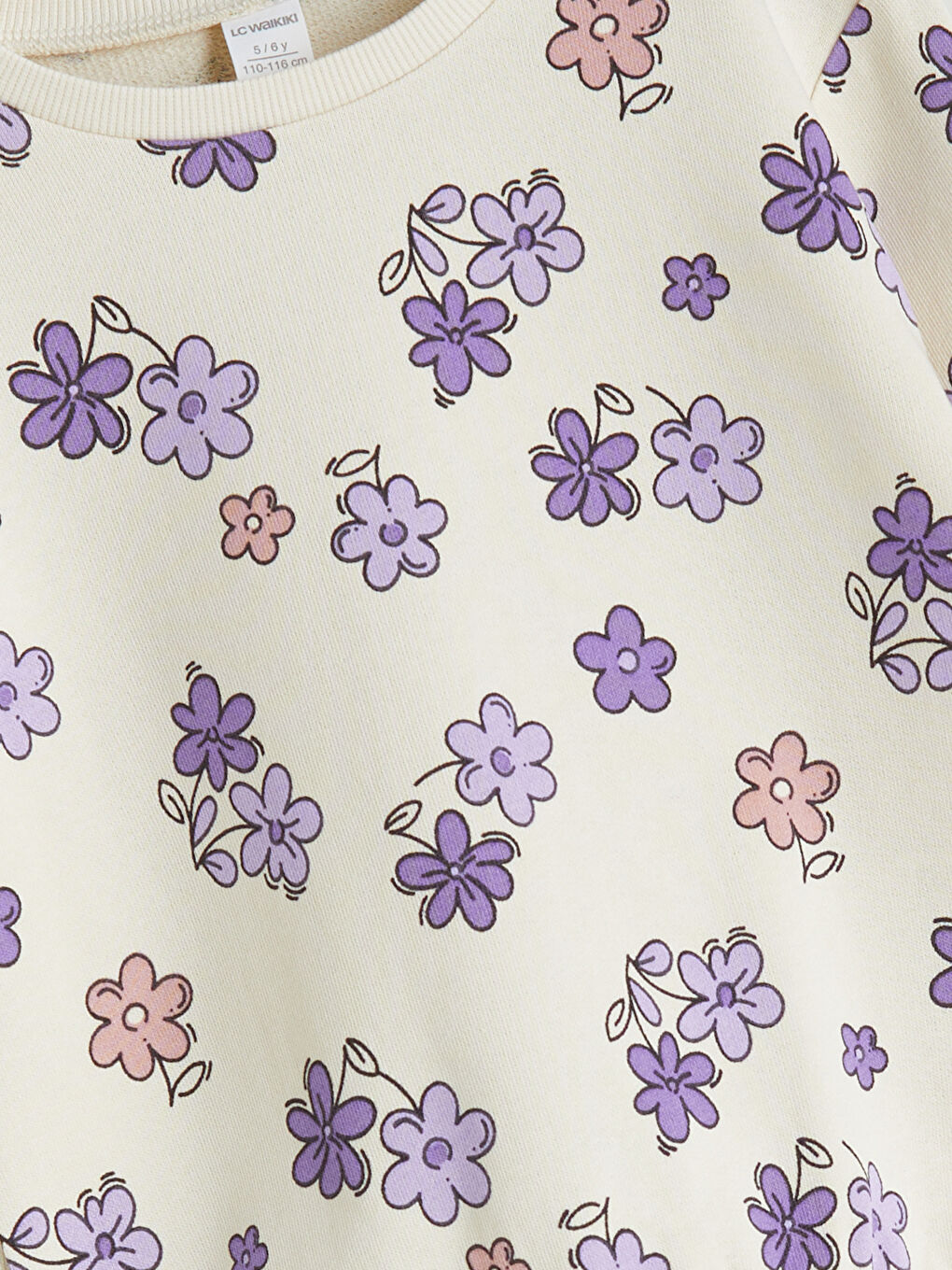 Bej Bisiklet Yaka Çiçekli Kız Çocuk Kalın Sweatshirt-1