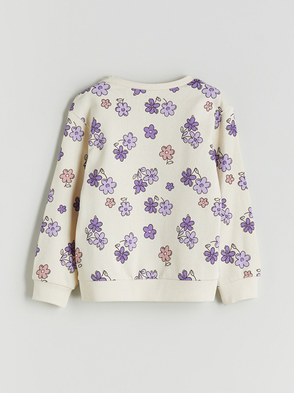 Bej Bisiklet Yaka Çiçekli Kız Çocuk Kalın Sweatshirt-2