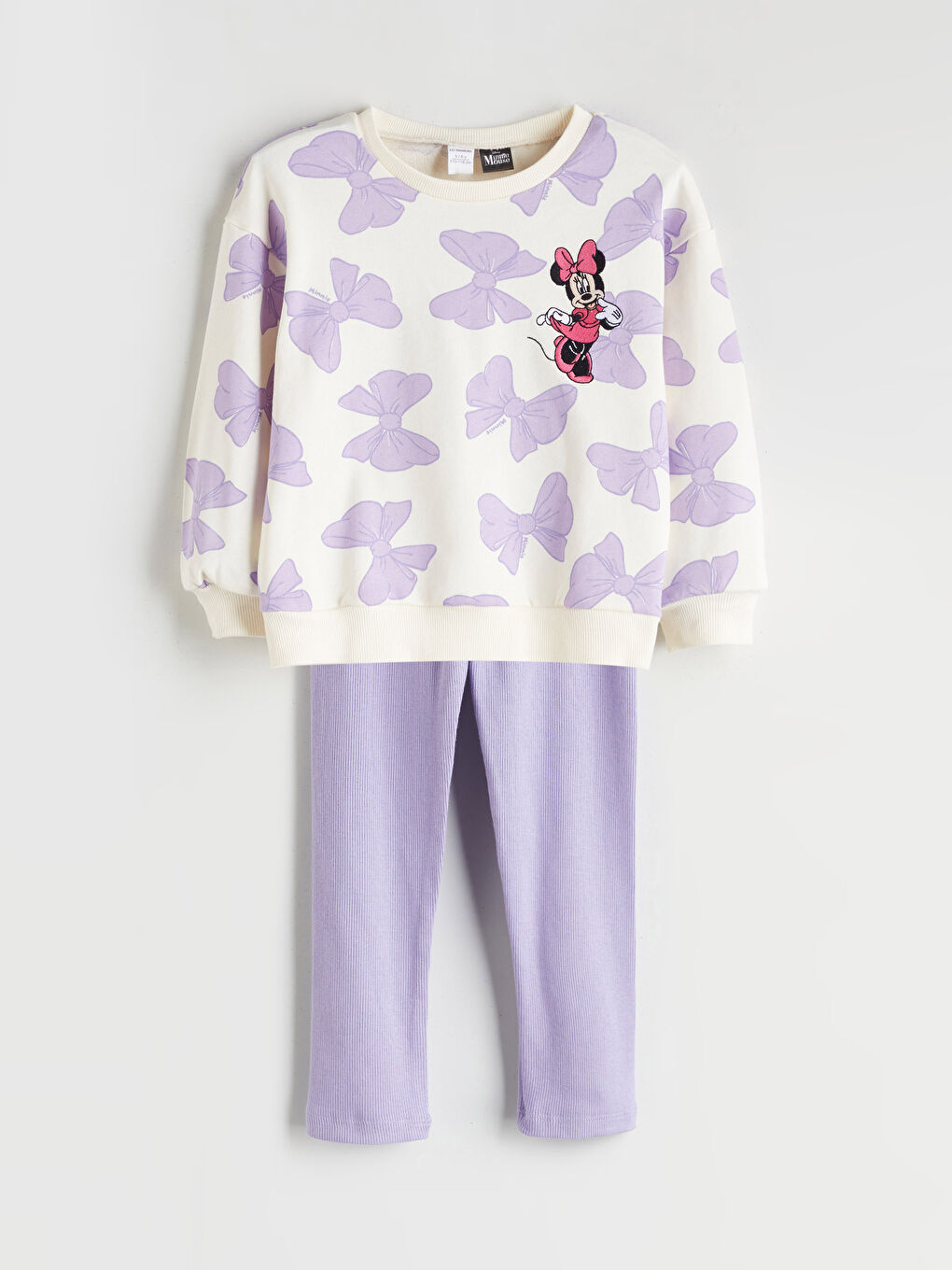 Lila Bisiklet Yaka Minnie Mouse Baskılı Kız Çocuk Sweatshirt ve Tayt 2'li