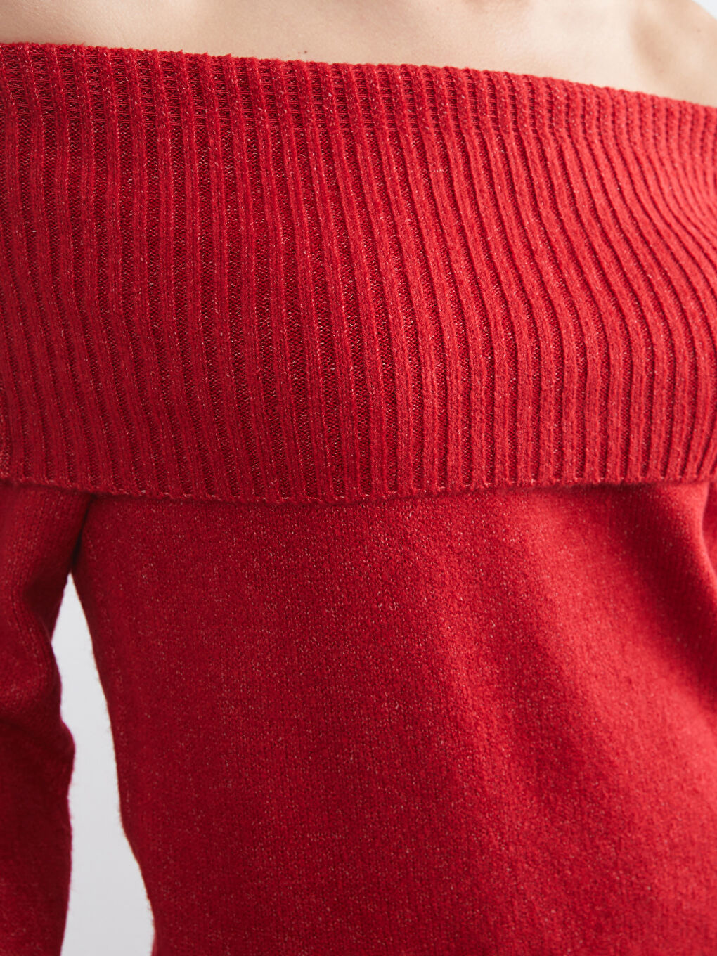 Kırmızı Kayık Yaka Kadın Triko Kazak-2