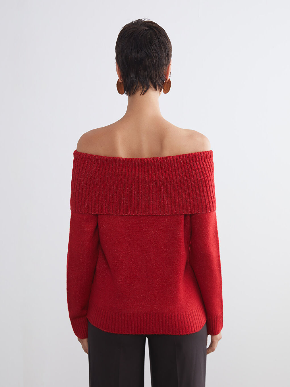 Kırmızı Kayık Yaka Kadın Triko Kazak-3