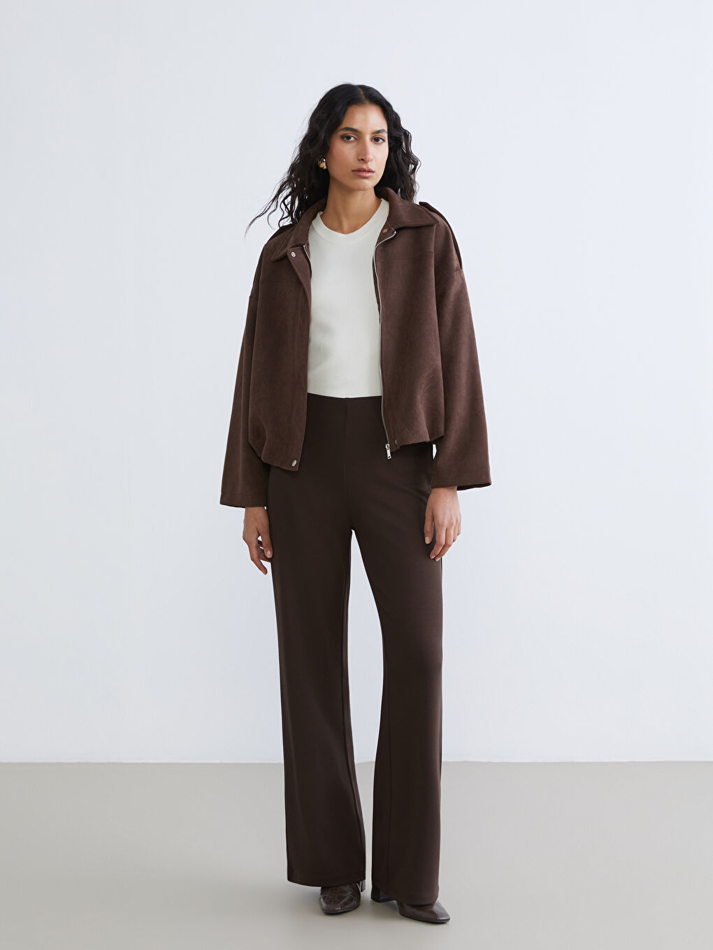 Kahverengi Beli Lastikli Geniş Paça Kadın Eşofman Altı-1