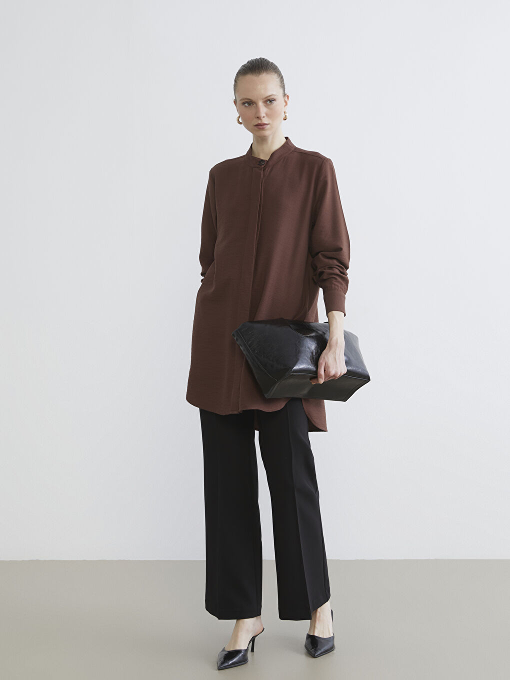 Kahverengi Hakim Yaka Kadın Gömlek Tunik-1