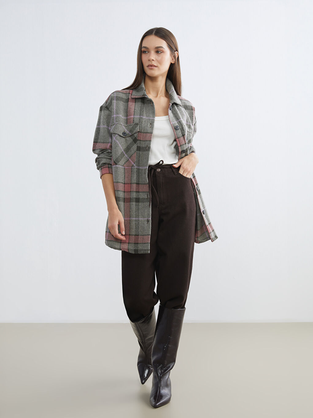 Pembe Ekose Oversize Kadın Oduncu Gömlek Ceket-1