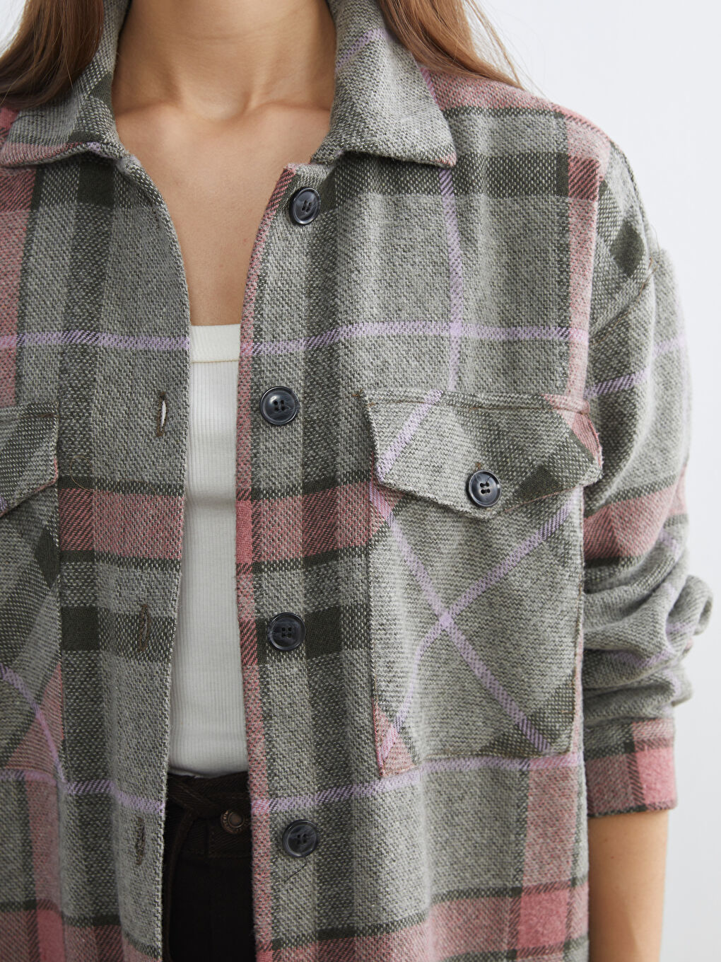 Pembe Ekose Oversize Kadın Oduncu Gömlek Ceket-2