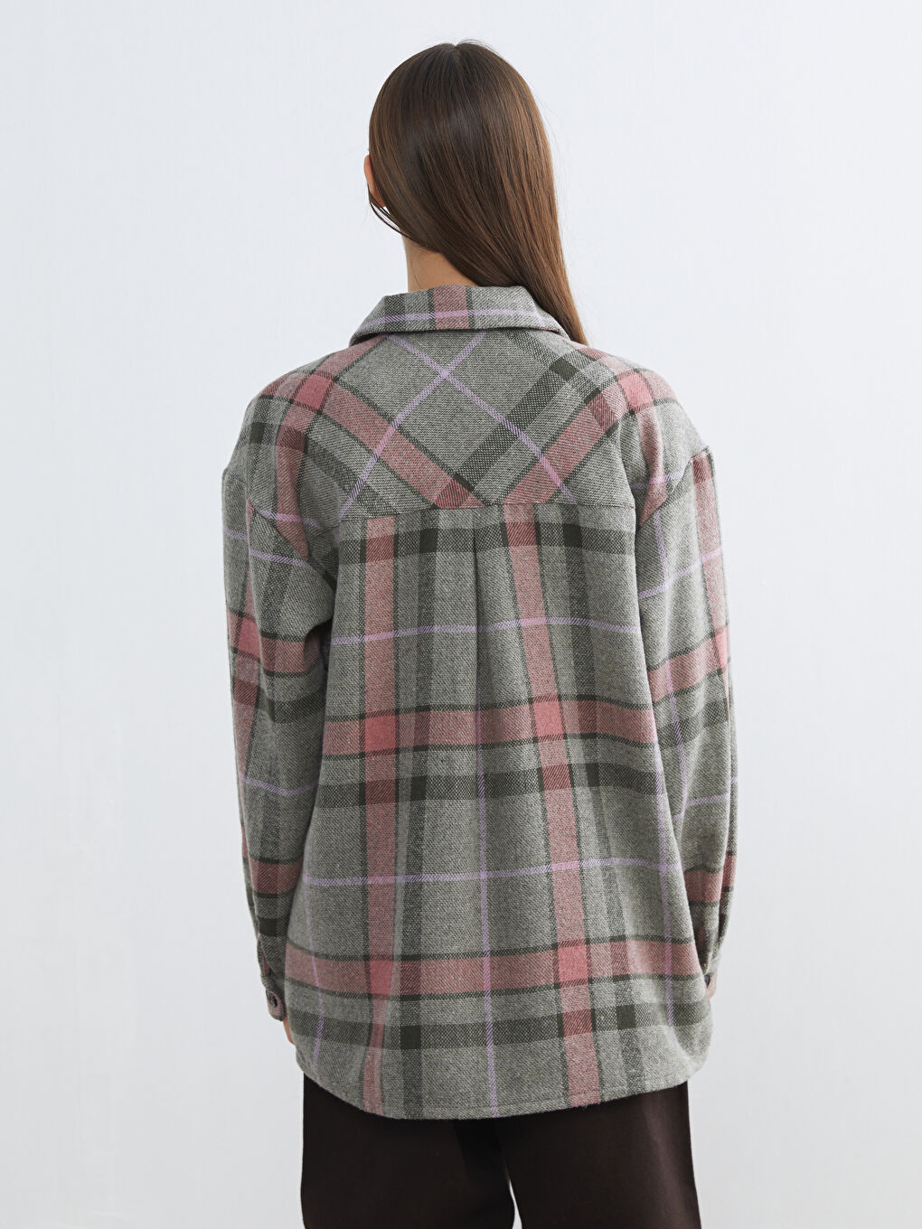 Pembe Ekose Oversize Kadın Oduncu Gömlek Ceket-3