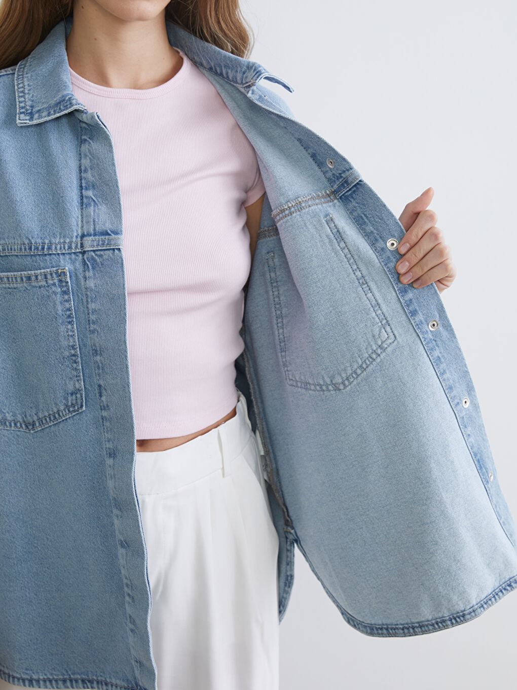 Collared Neck Women's Denim Jacket-3