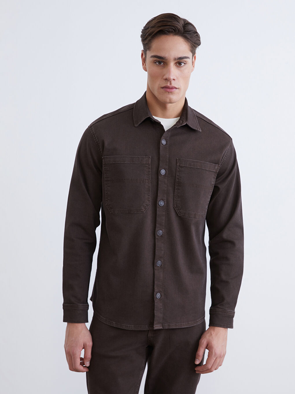 Kahverengi Standart Kalıp Gömlek Yaka Erkek Jean Ceket-1