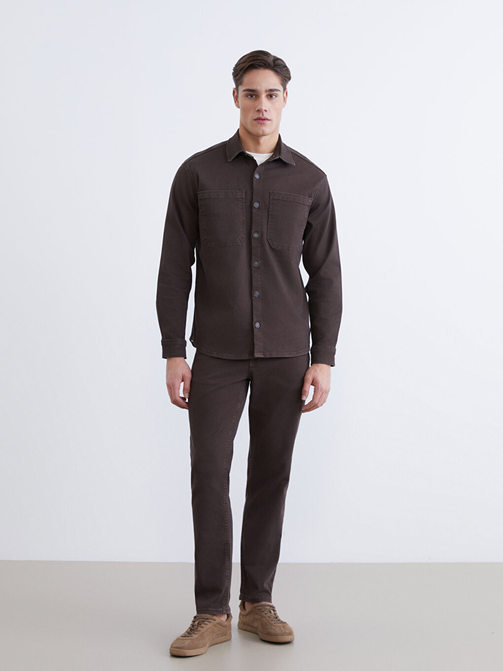 Kahverengi Standart Kalıp Gömlek Yaka Erkek Jean Ceket-2